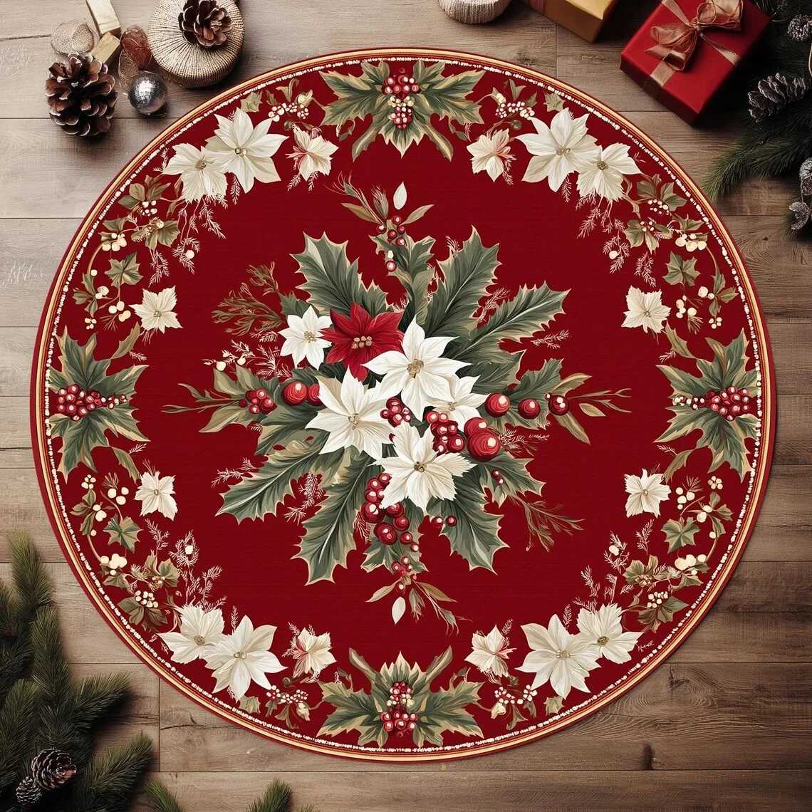 Festive Holly Berries Round Christmas Rug Washable Non-Slip Floor Mat for Bedroom Bathroom Holiday Home DecorM251117