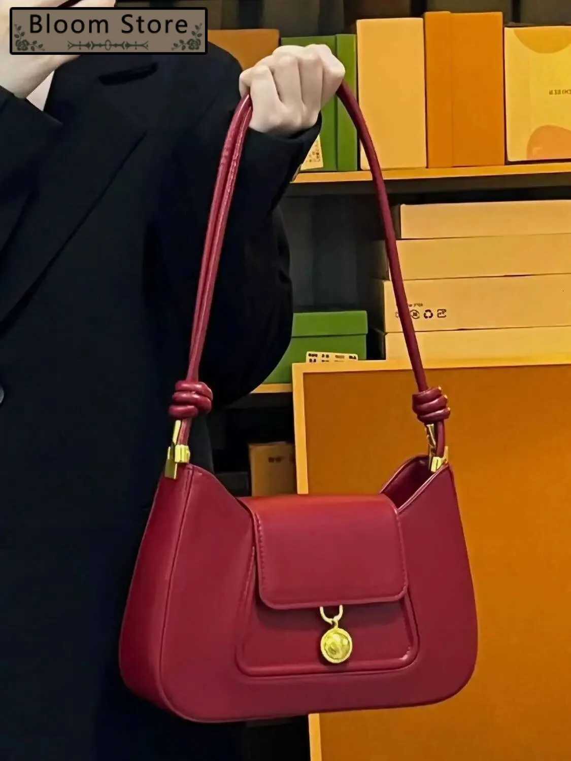 Bloom Vintage Red Y2k Handbag Women High Street Elegance Pu Leather Shoulder Ladies Retro Fashion Underarm Bag AestheticW251115
