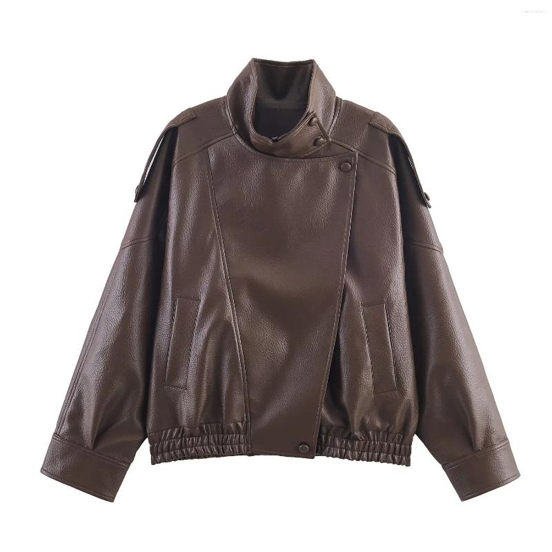 Women's Jackets Trendix Solid Leather Moto Jacket For Women 2025 Winter Turtleneck Retro Coats Fashion Asymmetry Elegant Vintage PU - view 9