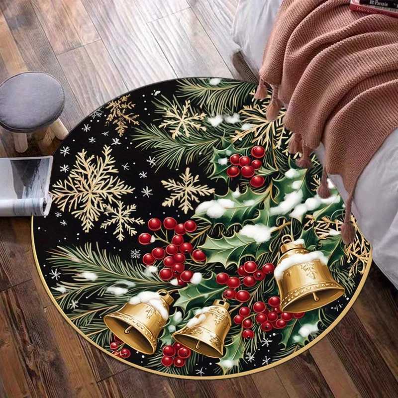Christmas Snowflake Bell Round Rug Black Green Red Holiday Decoration Home Decor Floor Mat Christmas Theme Living Room CarpetM251117
