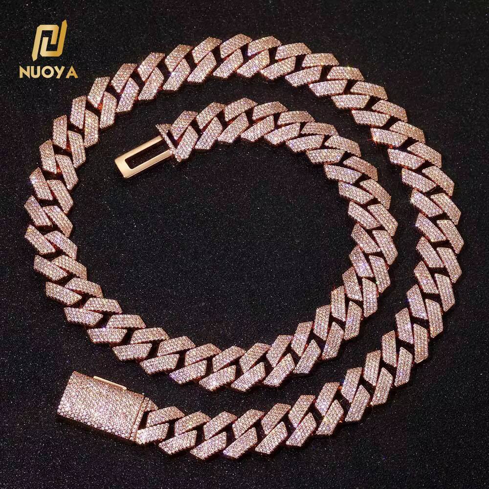 Moissanite Luxury Miami Cuban Link Chain Necklace 15mm 4 Row Iced Out CZ Prong Rose Gold Plated Hip Hop Jewelry