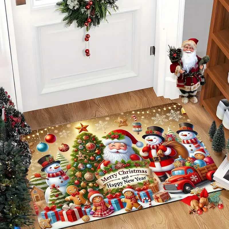 Santa Snowman And Reindeer Design Machine Washable Flannel Floor Mat For Living Room Hallway Bathroom Christmas Decor RugM251117
