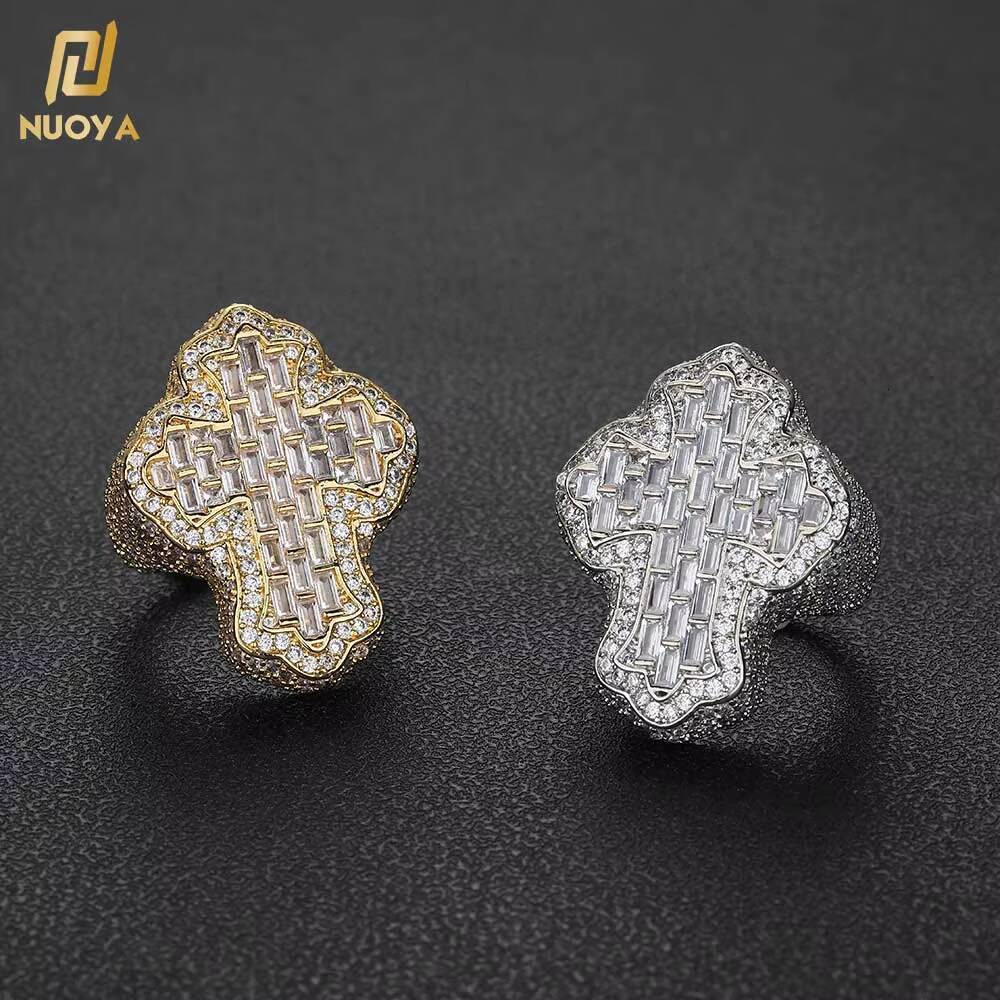 Moissanite Hip Hop Baguette Diamond Luxury Rings 18k Gold Plated With Iced Cubic Zirconia Cross Ring for Men Women