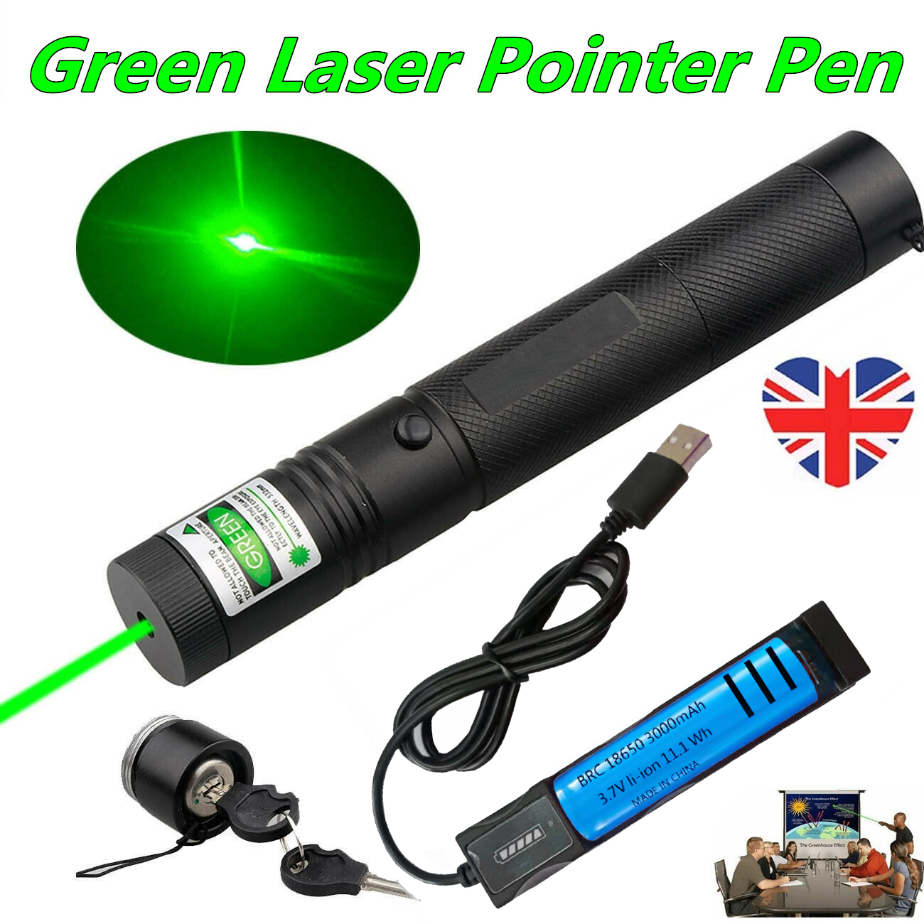 990Miles 532nm Green Laser Pointer Pen Astronomy Visible Beam Rechargeable Lazer with 18650 battery + Universal Smart Charger