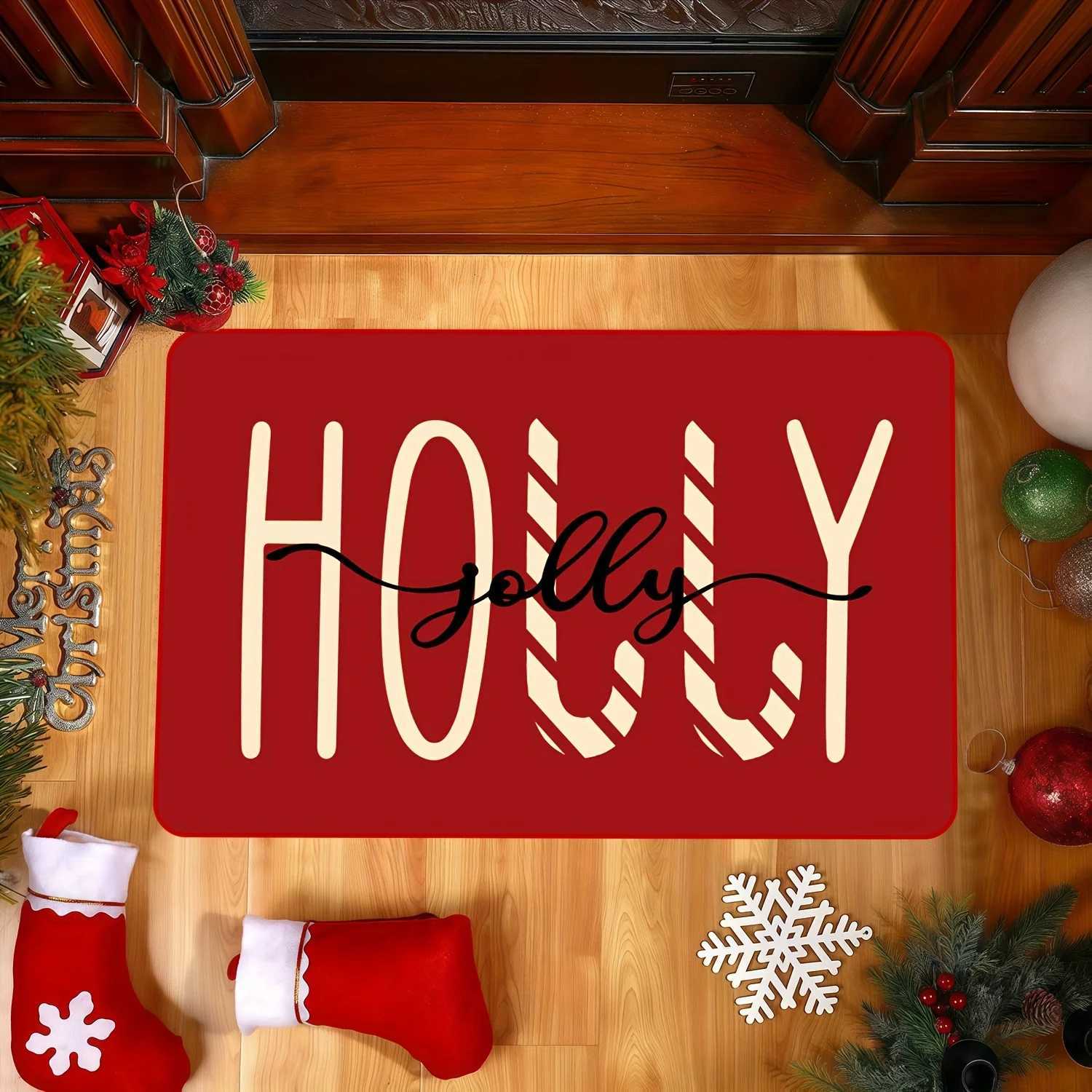Holly Jolly Red Christmas Door Mat - Machine Washable Festive Candy Cane Snowflake Design Ideal for Winter Holiday DecorM251117