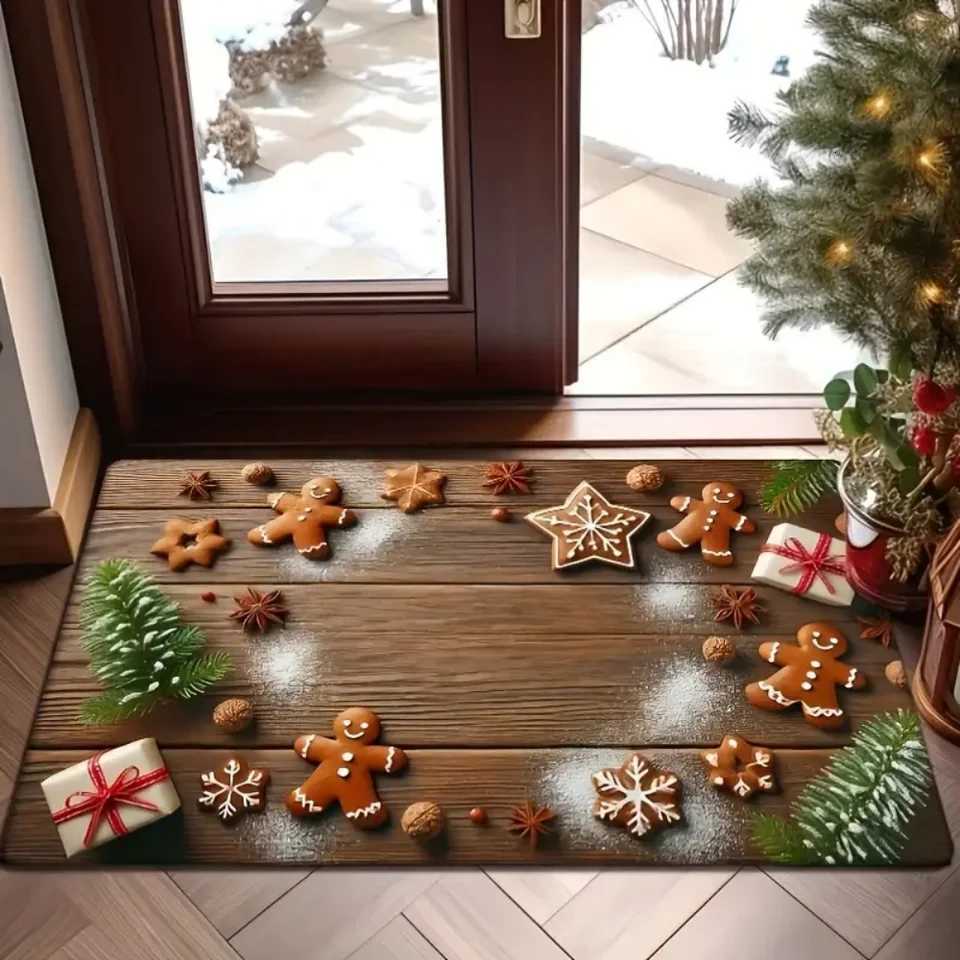 Cute Gingerbread Man with Pentagonal Snowflake Floor Mat Entrance Welcome Doormat Bedside Balcony Hallway Christmas Decor CarpetM251117
