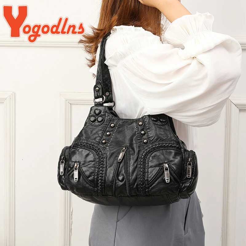 Yogodlns Vintage Soft PU Leather Shoulder Bag Women Large Capacity Handbag Fashion Crossbody Bag Stitching Color Handle Bag sacW251117