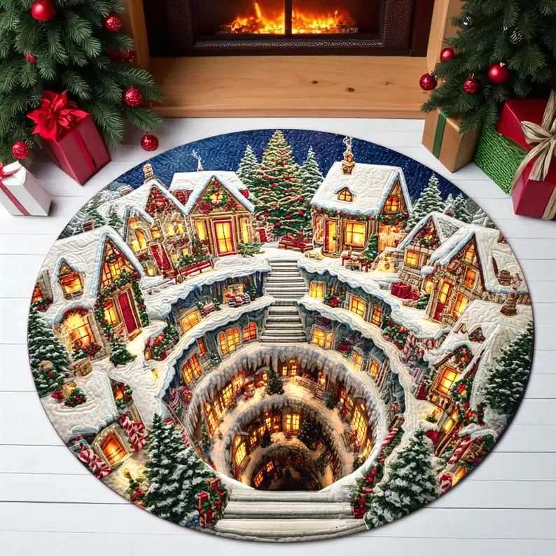 Round Santa Claus Christmas Rug Cozy Fireplace Scene Living Room Bedroom Home Decoration CarpetM251117