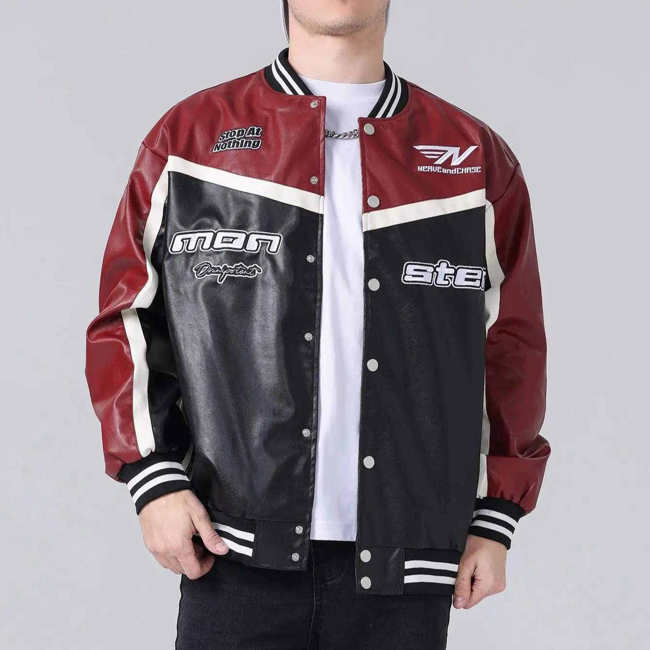 Mens PU Leather Jacket Motorcycle Bomber Jacket Letter Embroidery Coats Leather Vintage Racing Windbreaker Outerwear Streetwear 251114