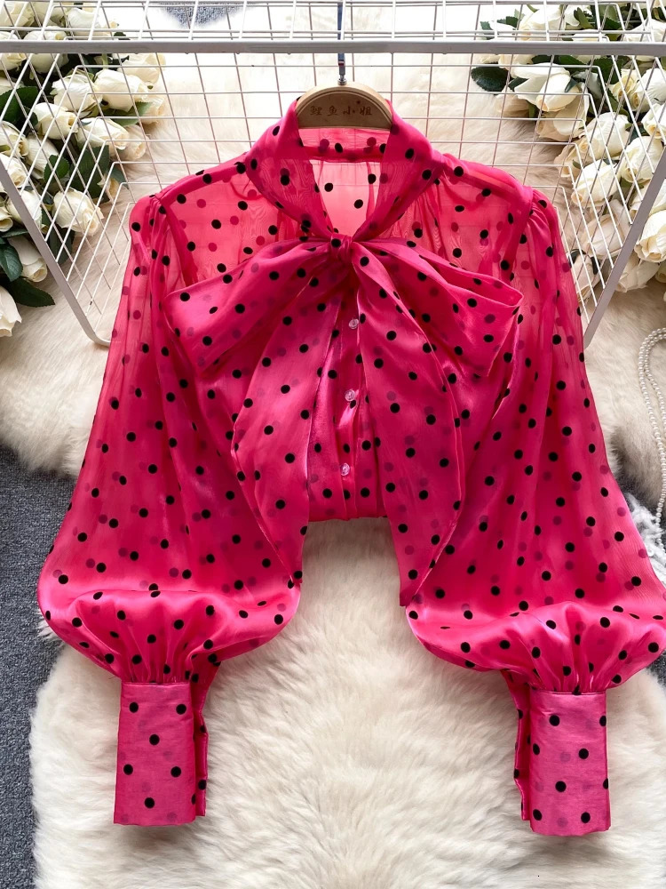 2025 Womens Vintage Festival Polka Dots Single Breasted Shirt Elegant Sweet Bow Long Sleeve Loose Office Ladies Blouses Tops 250417