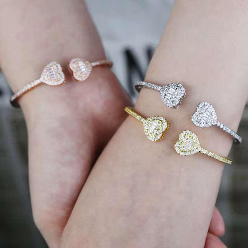 DHCollections Halo Heart Full of Dias CZ Bangles Gold Plated Spring Clasp Iced Out Open C Shaped Bangle Bracelet