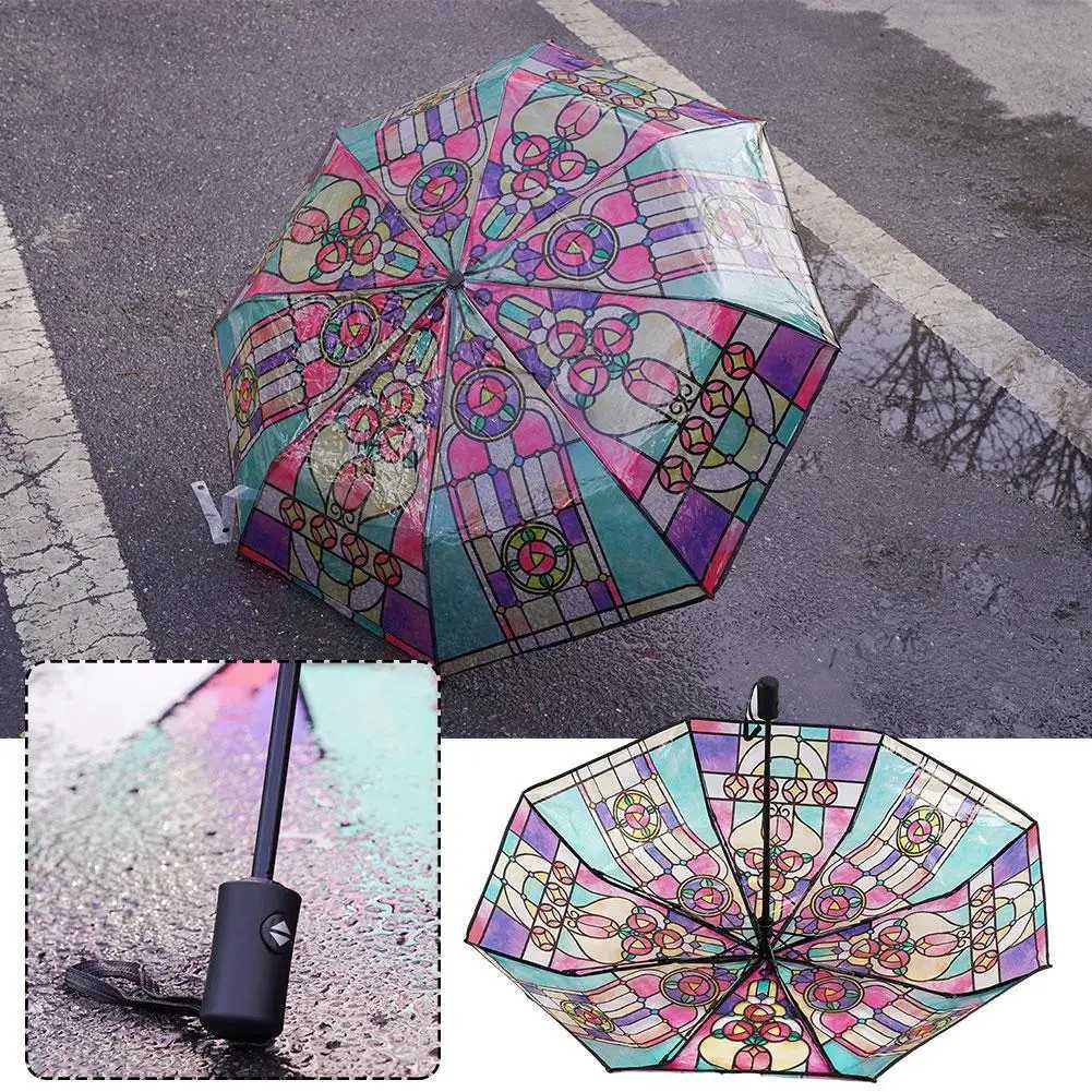 Creative Automatic Umbrella Three-fold Transparent Unique Colorful Glass Pattern Long Handle Ultra-large Lightweight Umbrella C251117