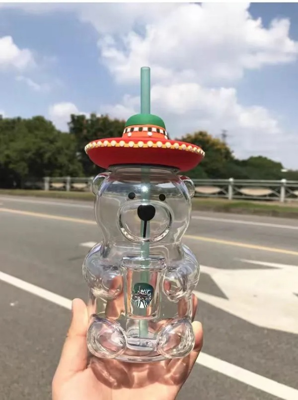 Star-buck 20oz Glass Cup Green Bear with Straw, Cute Transparent Travel Cup with Lid, Iced Coffee Cold Drink Christmas and New Year Gift, Bearista Lim