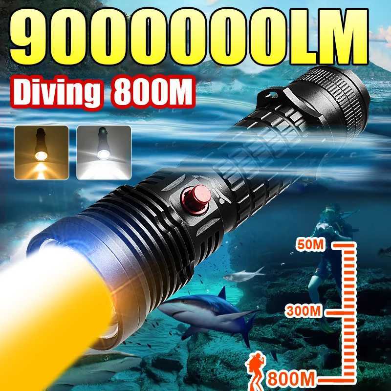 9000000LM Super Bright LED Diving Flashlight Powerful Waterproof Diving Land Dual-purpose Light Hunting Emergency Two-color Lamp M251117