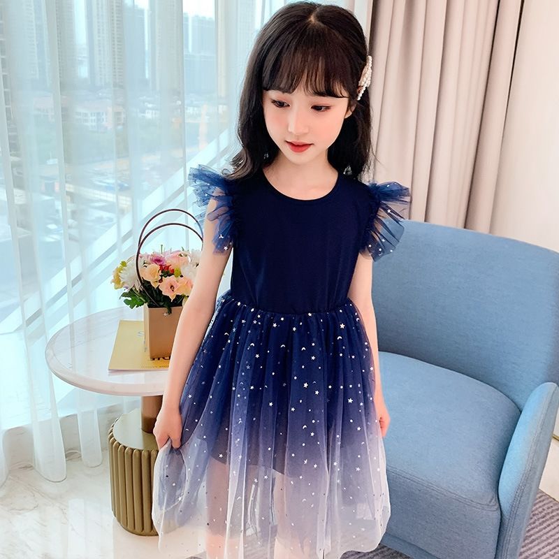 DISNEY kids designer clothes Frozen Elsa princess Girls' Starry Sky Gradient Short Sleeve Dress Princess Dress Puff Sleeve Tulle Skirt for Childr