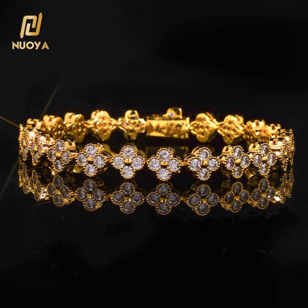 Moissanite Bling Bracelet Gold Plated Cuban Chain Cross Clover Plum Blossom Zircon Chain Men Hip Hop Jewelry