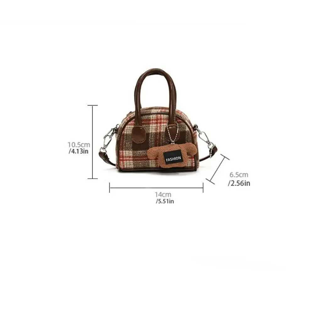 Fashion French Style Woolen Plaid Bowling Bag Elegant Cloth Boston Shoulder Bag Large Capacity PU Leather Women Handbags WomenW251115