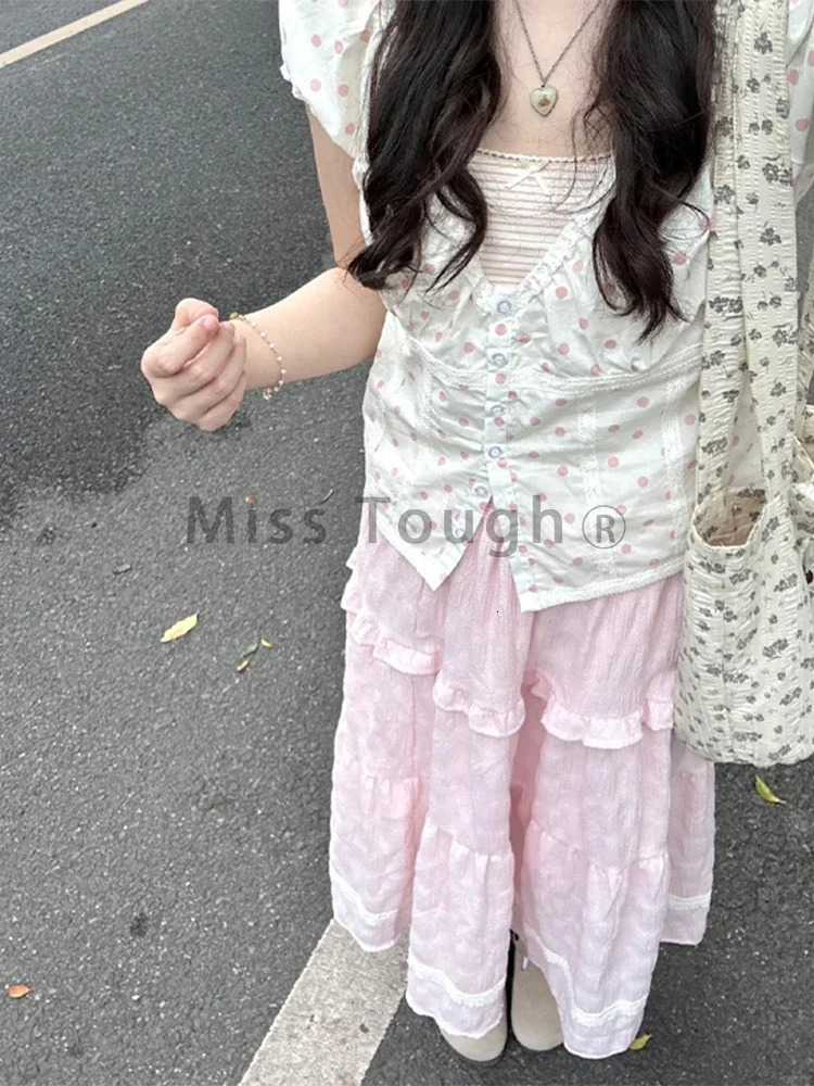 French Kawaii Polka Dot Puff Sleeve Lace Shirts Women Summer n Sense Sweet Shirt Patchwork Loose Bow Slimming Tops Trendy 250417