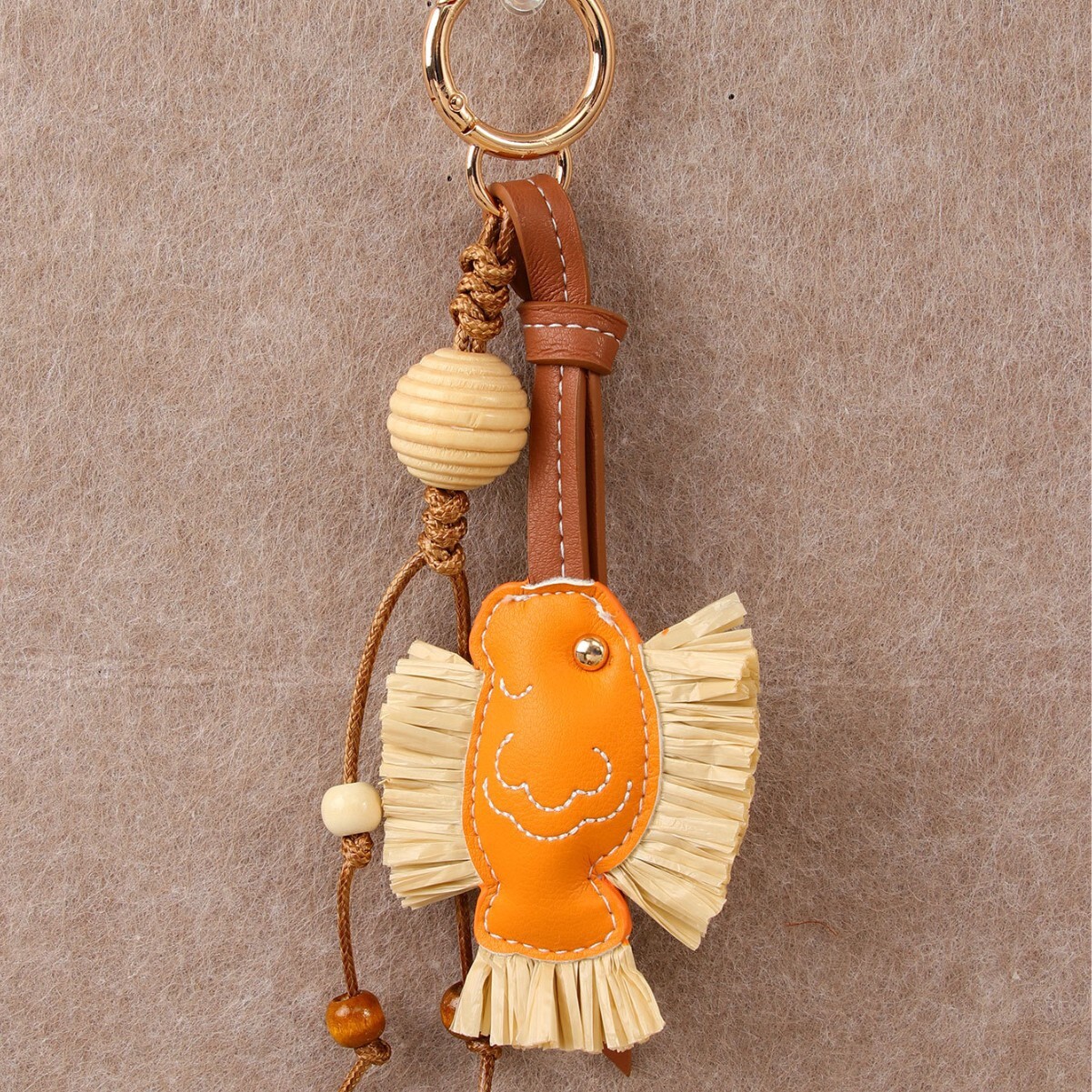 designer bag charm new year series yearly pu patchwork raffia small fish wooden bead woven rope creative bag pendant car hanging