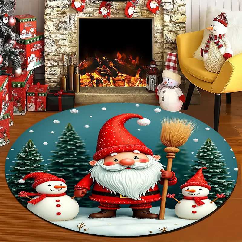 1pc Christmas Mat with Santa Snowmen - Non-Slip Round Mat Turquoise Winter Mat for /Outdoor Use Machine Washable Soft DecorM251117