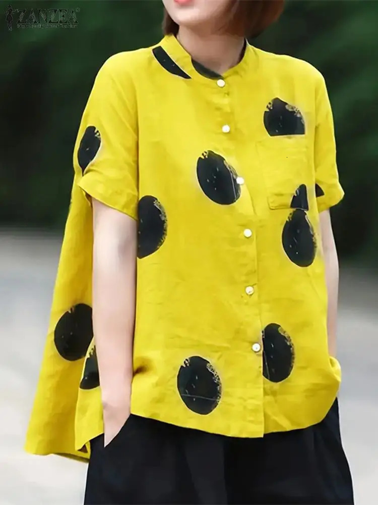 ZANZEA Korean Fashion Short Sleeve Buttons Up Shirt Casual Vintage Blusas Women Polka Dot Printed Tops Summer Blouse 250417