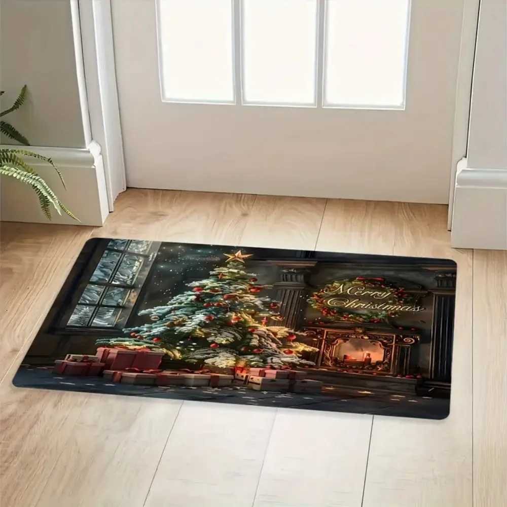 1pcs Merry Christmas Premium Flannel Christmas Tree Fireplace Doormat Strap Non-Slip Washable Rug for Kitchen Den BathroomM251117