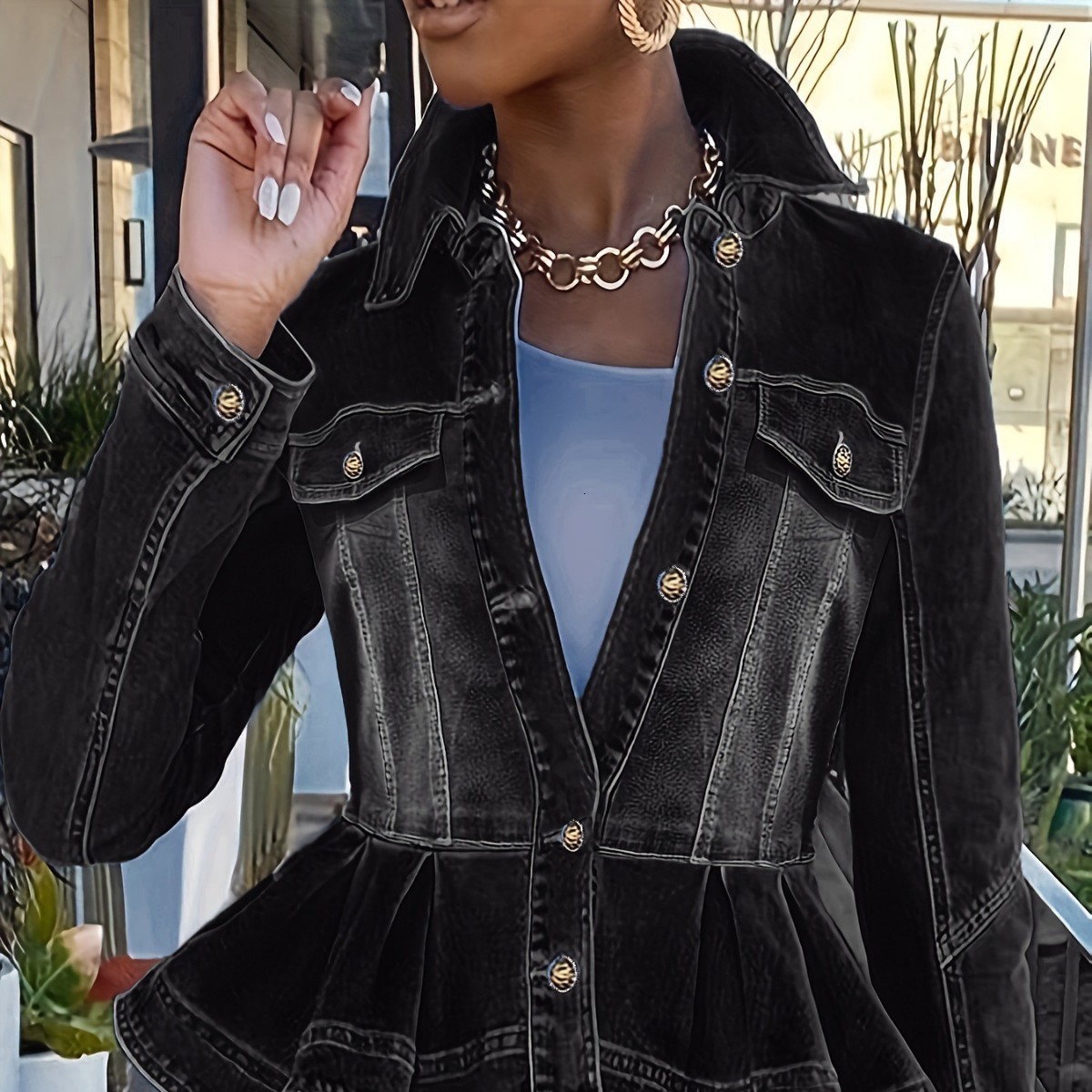 2025 Spring and Autumn New Style Versatile Look Slim Long Sleeve Cowboy Coat Womens Design Sense Top Sense Concealed Waist Lotus Leaf Edge 201112