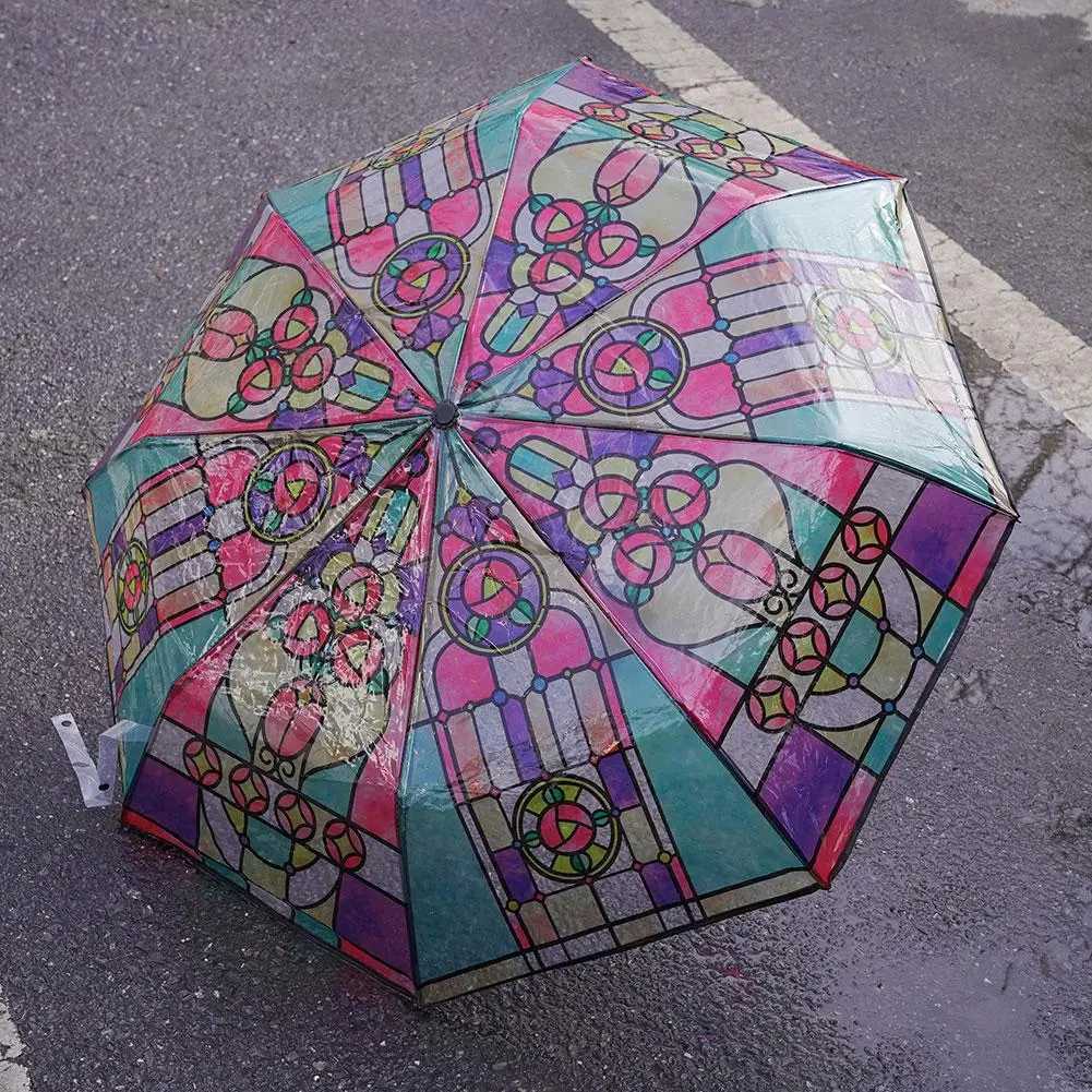 Creative Automatic Umbrella Three-fold Transparent Unique Colorful Glass Pattern Long Handle Ultra-large Lightweight Umbrella C251117