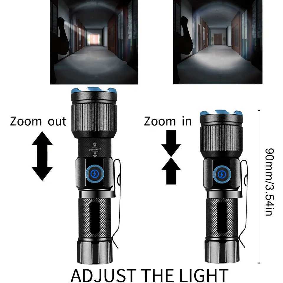 Zoom White Beam Light Long Distance Mini Flashlight Type-C Usb Rechargeable Portable Pocket Torch Home Outdoor 16340 Battery M251117
