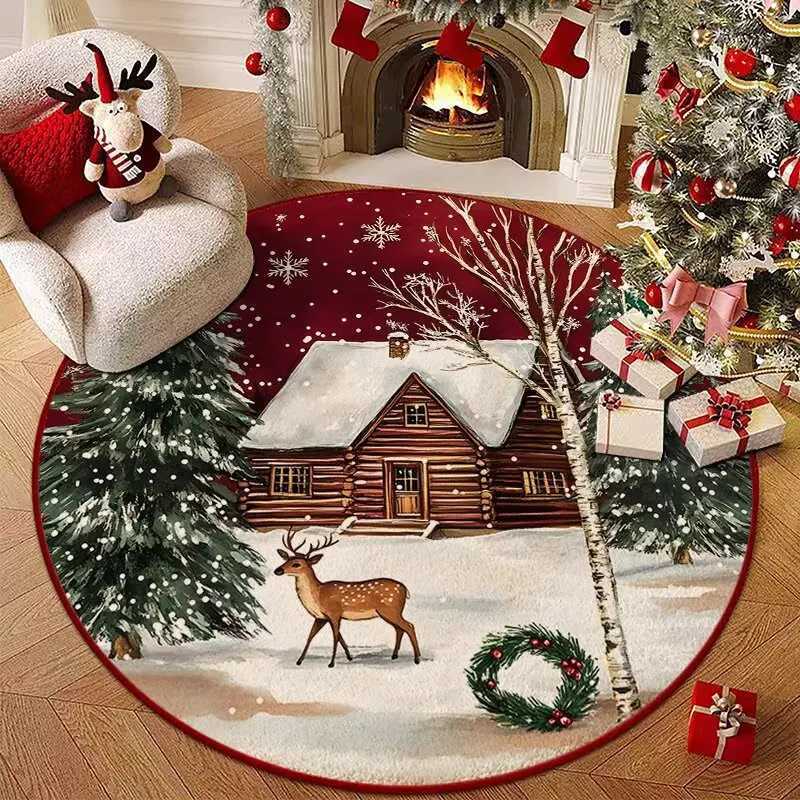 Christmas Winter Forest Round Rug Snowy Cabin Reindeer Design Dark Red Festive Wreath Carpet for Living Room Home DecorM251117