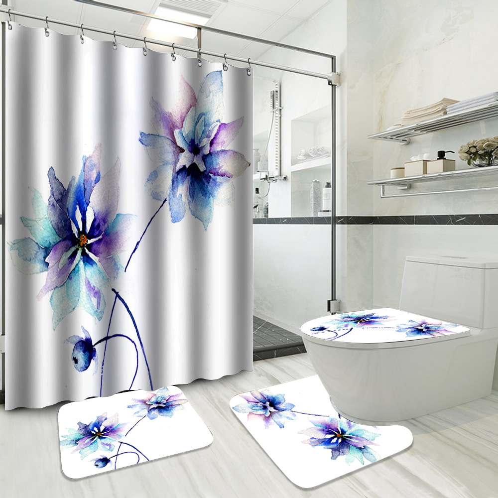 YL-37731 Hot Selling Shower Curtain 4-Piece Set, Green Plant Series, Waterproof and Mildew-Proof Shower Curtain, No Drilling Required