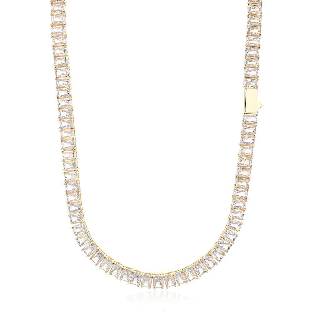 Moissanite Womens 18K Gold Plated Brass Tennis Chain Necklace 6mm Rectangular Zircon Hip Hop Fine Jewelry Tennis Chains Necklaces