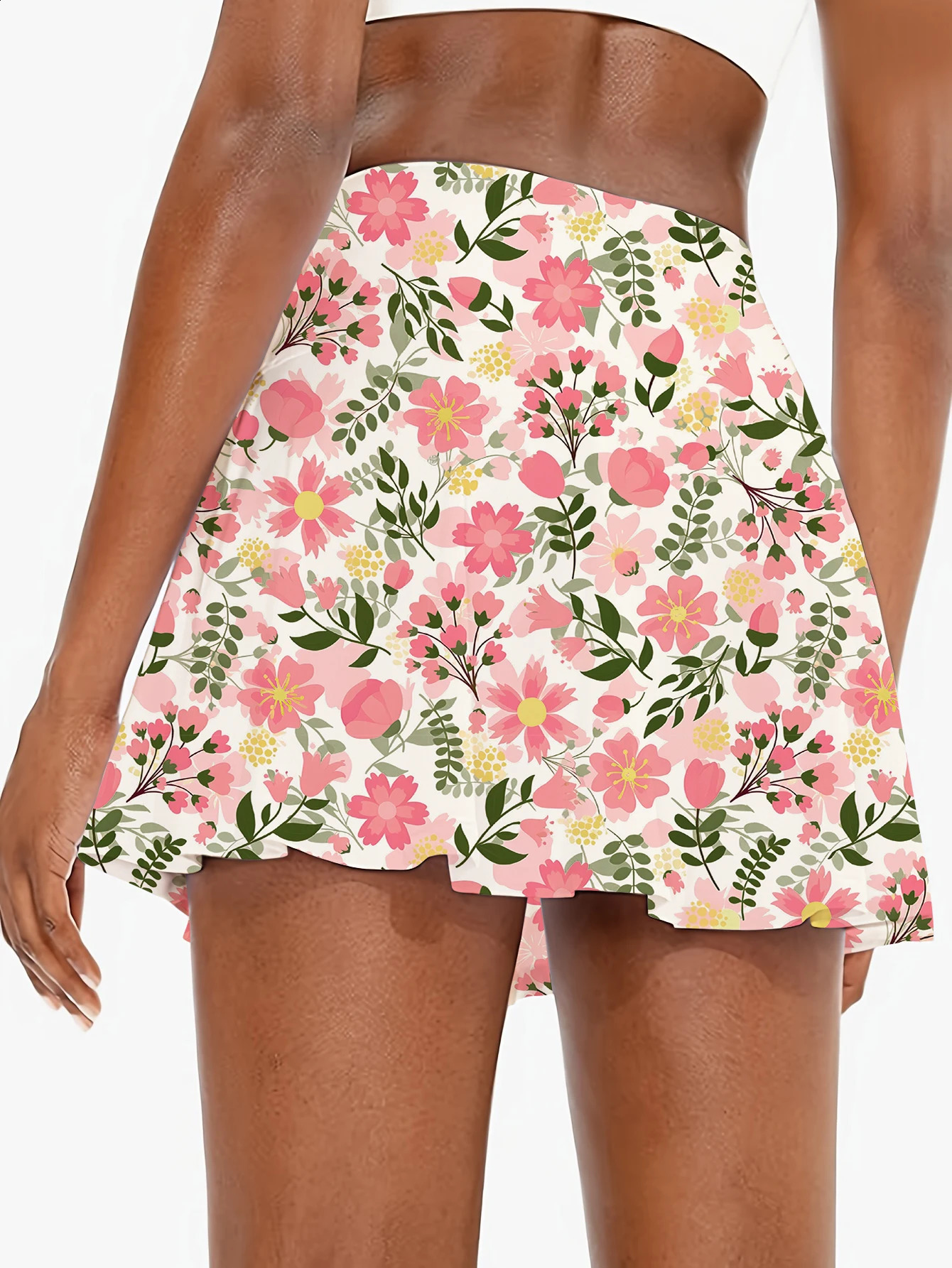 Womens floral print mini skirt with shorts elastic waist summer knitted fabric pink polyester canvas and pockets 250415Z