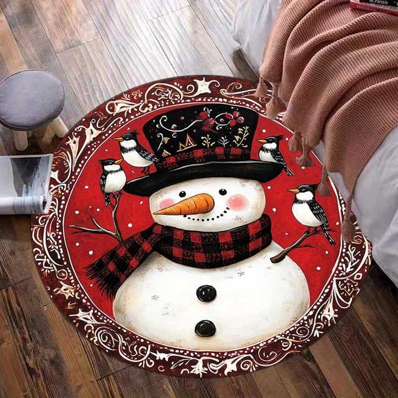 Christmas Snowman Birds Red Pattern Round Rug Crystal Velvet Floor Mat Holiday Decor Living Room Bedroom Carpet Festive DesignM251117