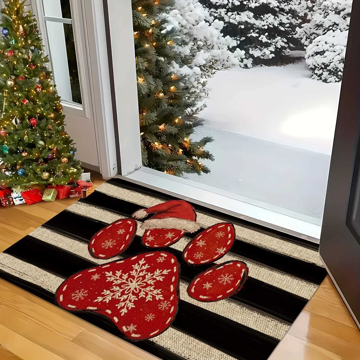 VIKAMA Christmas Carpet Puppy Paw Print Doormat Festive Welcome Mat Warm Living Room Carpet Winter Bedroom Rug Soft Home DecM251117