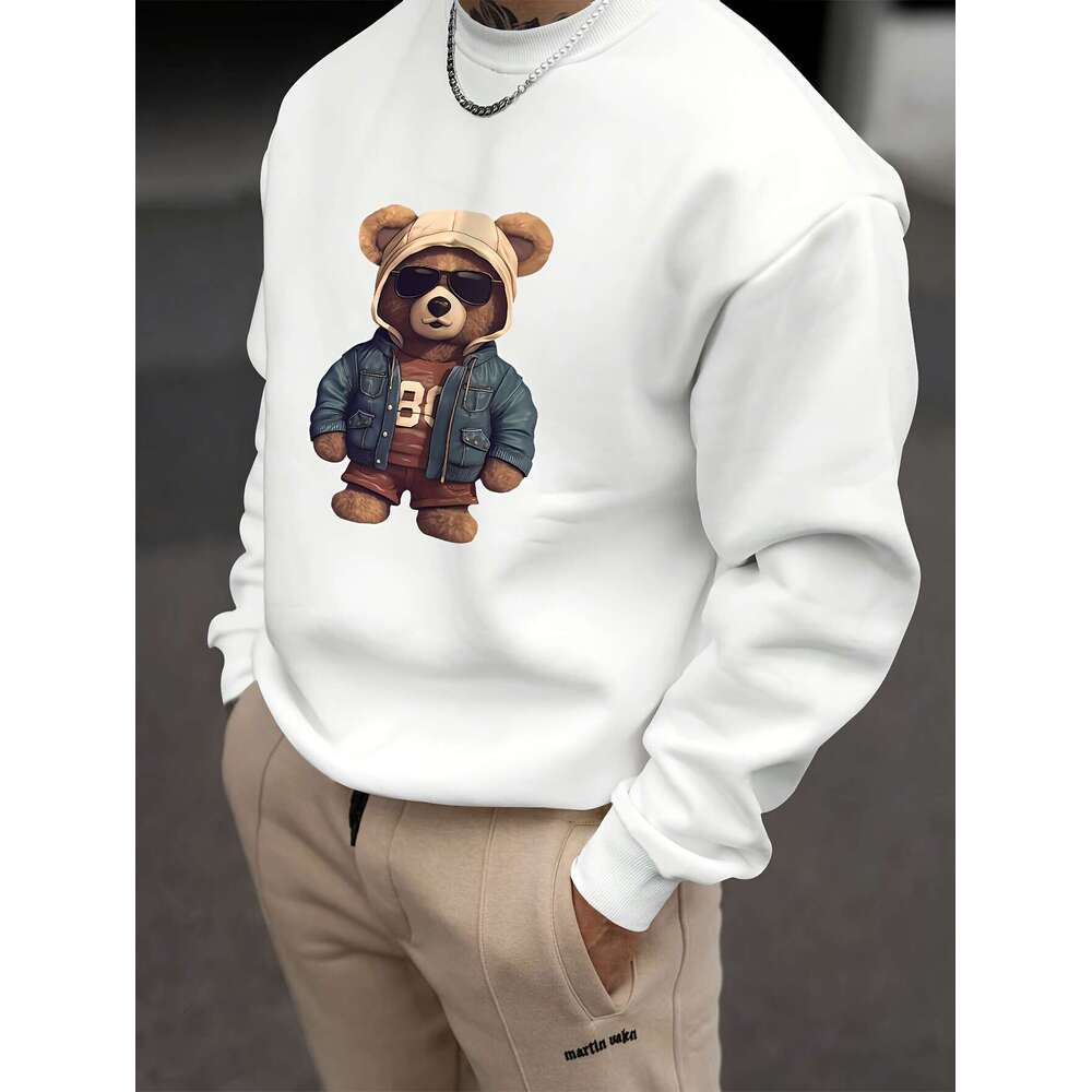Men's Casual Polyester Sweatshirt With Creative Teddy Bear Print - Crew Neck, Loose Fit, Slight Stretch, Knit Fabric, Long Sleeve Pullover
