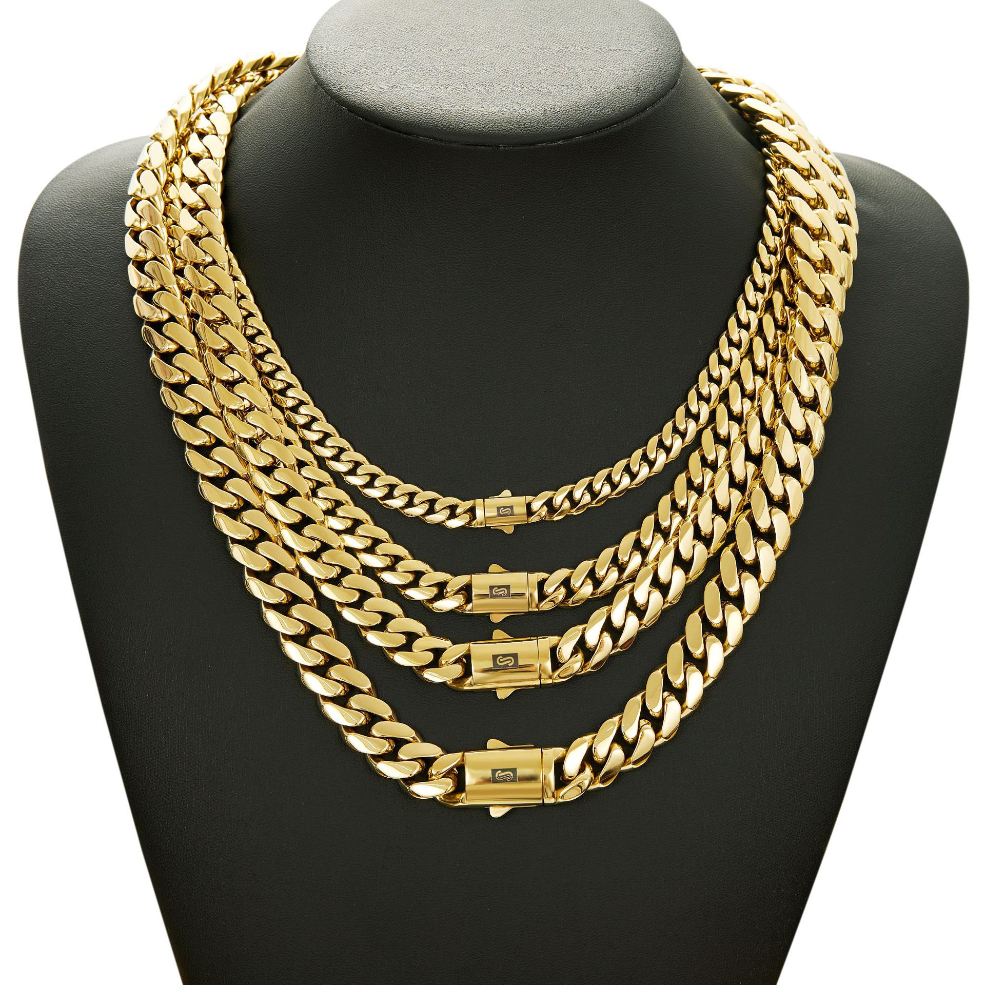 Hip Hop Solid Stainless Steel Cuban Chain Necklace 14K Gold Plated Spring Clasp Jewelry Accessories