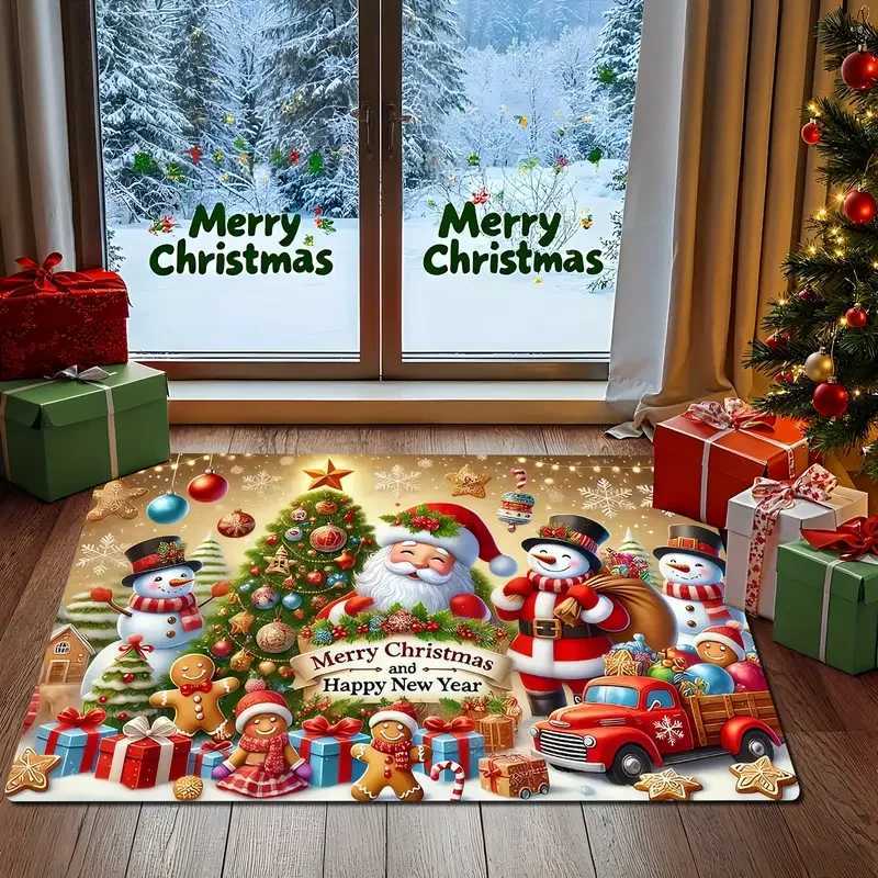 Santa Snowman And Reindeer Design Machine Washable Flannel Floor Mat For Living Room Hallway Bathroom Christmas Decor RugM251117