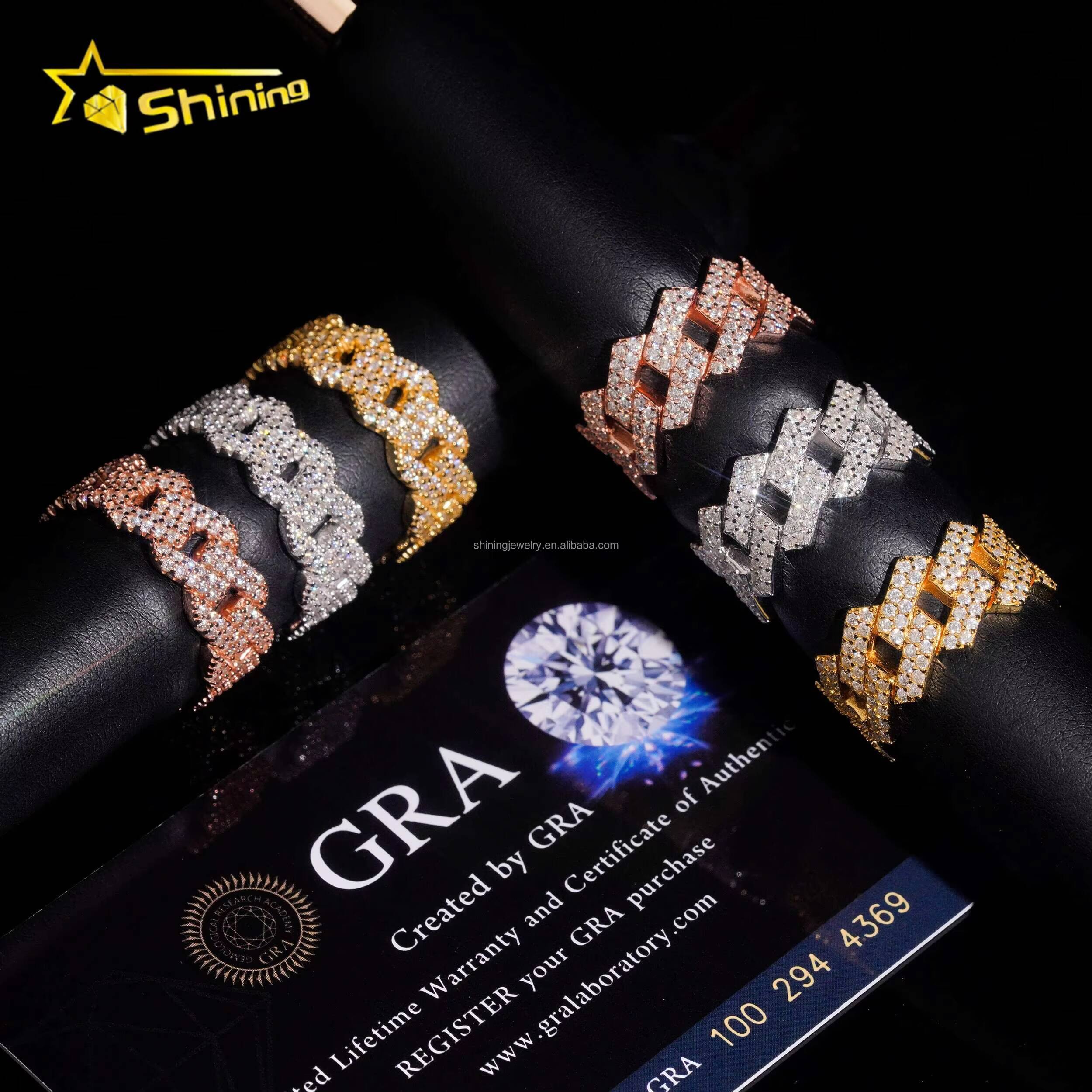 Bulk Stock Drop Shipping Fire Shining Jewelry Iced Out Man Jewelry Hip Hop 925 Silver Jewelry Moissanite Diamond Cuban Band Ring