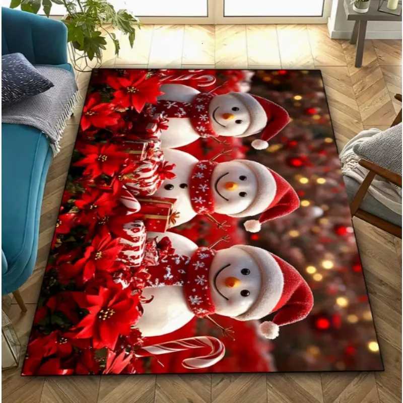 Christmas Snowman Gift Flower and Cane Candy Pattern Carpet Christmas Clean Floor Mat Living Room Bedroom Decoration CarpetM251117
