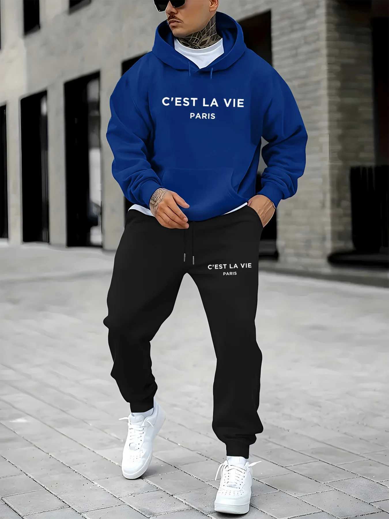 Mens autumn and winter casual warm CEST LA VIE Paris letter printed loose and plush thick hoodiesports pants setT251117