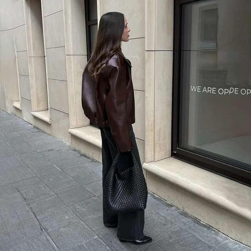 Elegant Chic New Long Sleeve Turn Down Collar Loose Coat Outwear Streetwear 2024 Autumn Winter Women Motorcyle PU leather Jacket