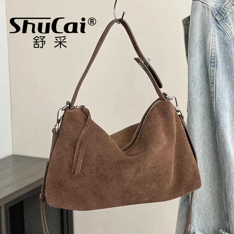 New Arrival Fashion autumn winter big Boston handbag soft matte suede cowhide womens handbag shoulder cross body womens handbag gray brown Z250417