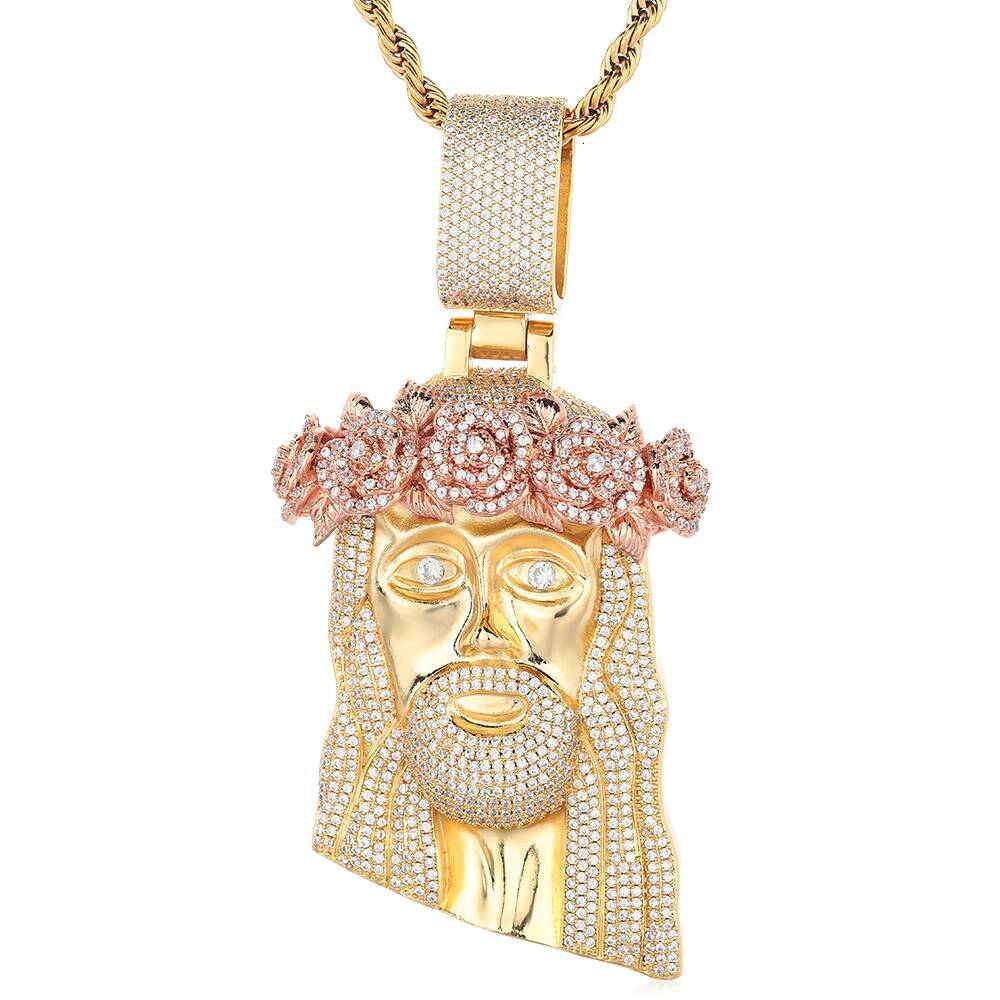 Moissanite Hip Hop Style Iced Out Diamond Jesus Pendant with Rose Custom Jewelry Gold Silver Plated Jesus Religious Christian Pendant Gift
