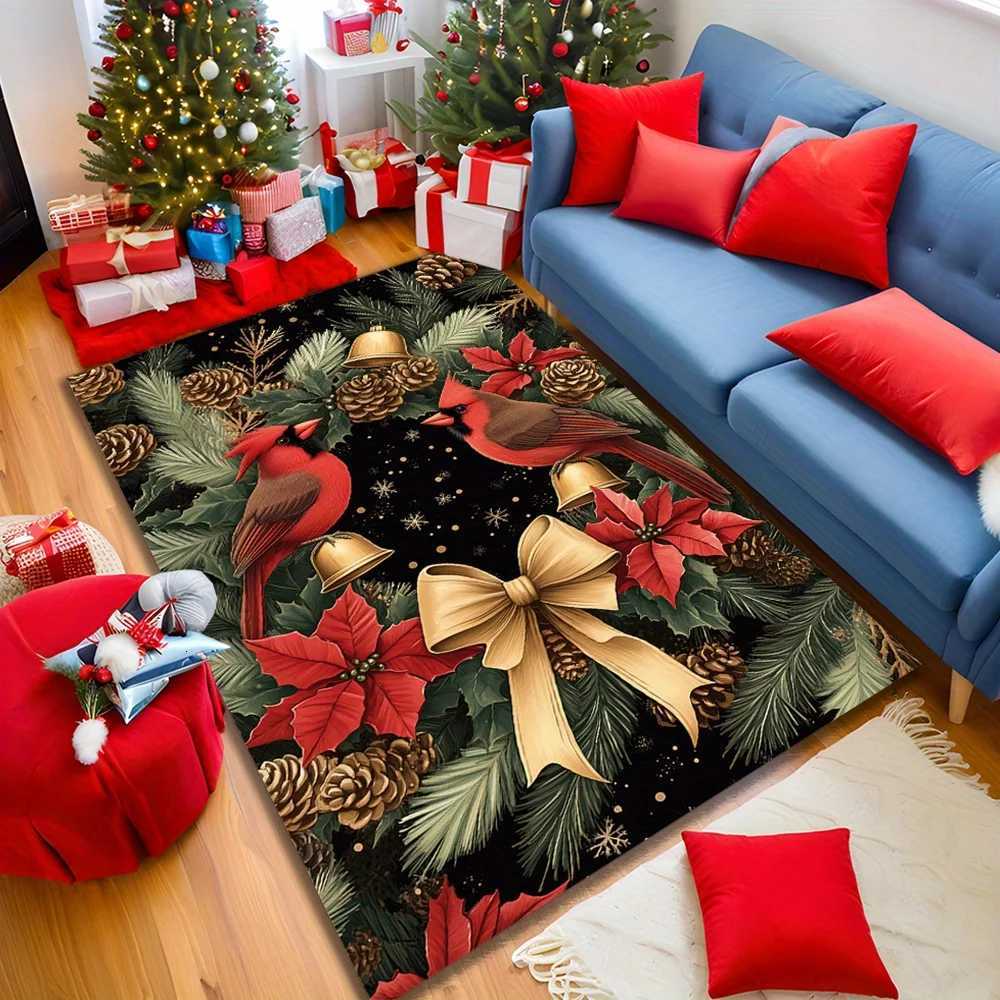 1pc Festive Christmas Red Birds Area Rug - Polyester Non-Slip Durable Digital Print Carpet for Living Room Bedroom EntrM251117