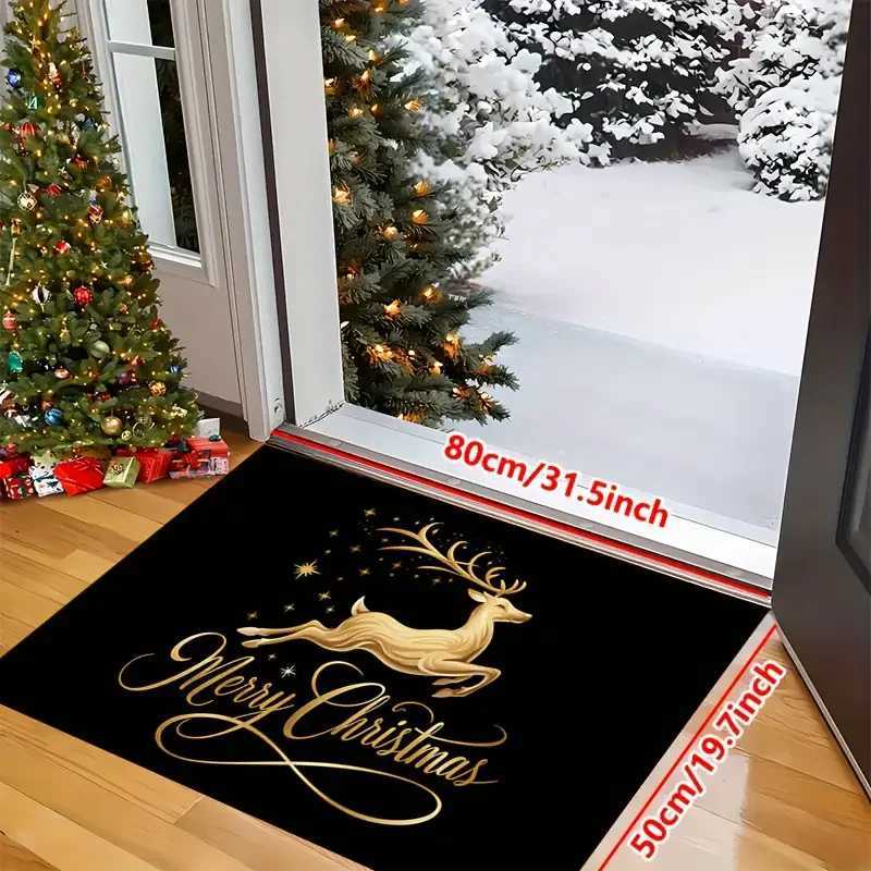 VIKAMA New Christmas Home Decor Doormat Christmas Gold Reindeer Black Carpet Indoor and Outdoor Entrance Welcome Mat Non-SlipM251117