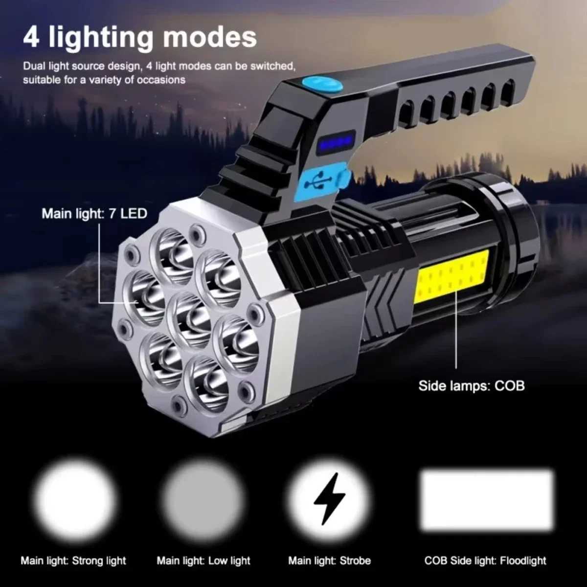 7LED High-Power Flashlight With USB Charging COB Side Light - Suitable For Portable Flashlights Such As Fishing Camping Hiking M251117