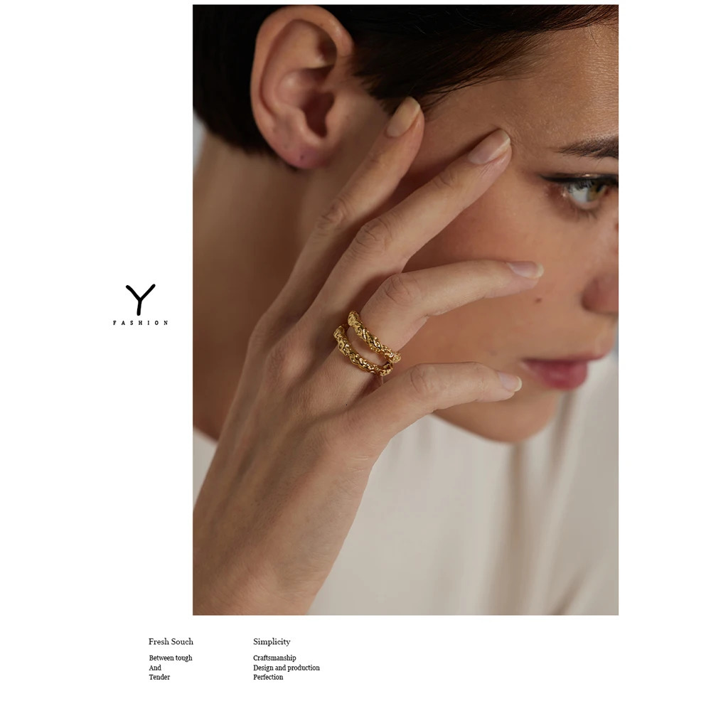 Yhpup Stainless Steel Round Rings For Women Gold Texture Metal 18 K Plated Statement Trendy Jewelry Bagues Pour Femme Gift 251112