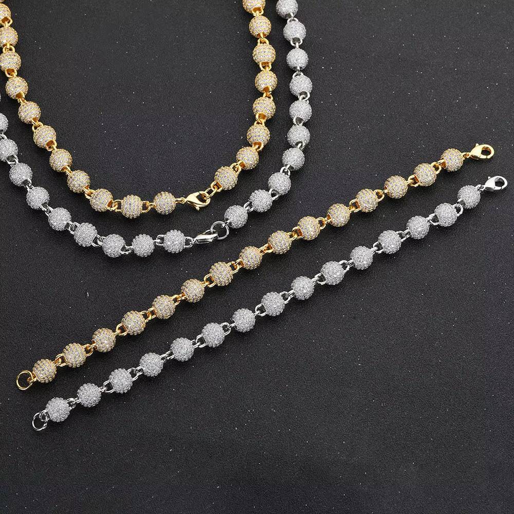 Moissanite 8mm Neck Chain for Women Gold Plated Iced Out Chain Micro Pave Cz Jewelry Round Bead Necklace
