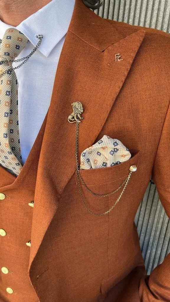 Latest Rust Color Slim Fit Three Piece Men Suits Lapel Wedding Groom Tuxedos Man Dress Terno Blazer Vest Pant 250415